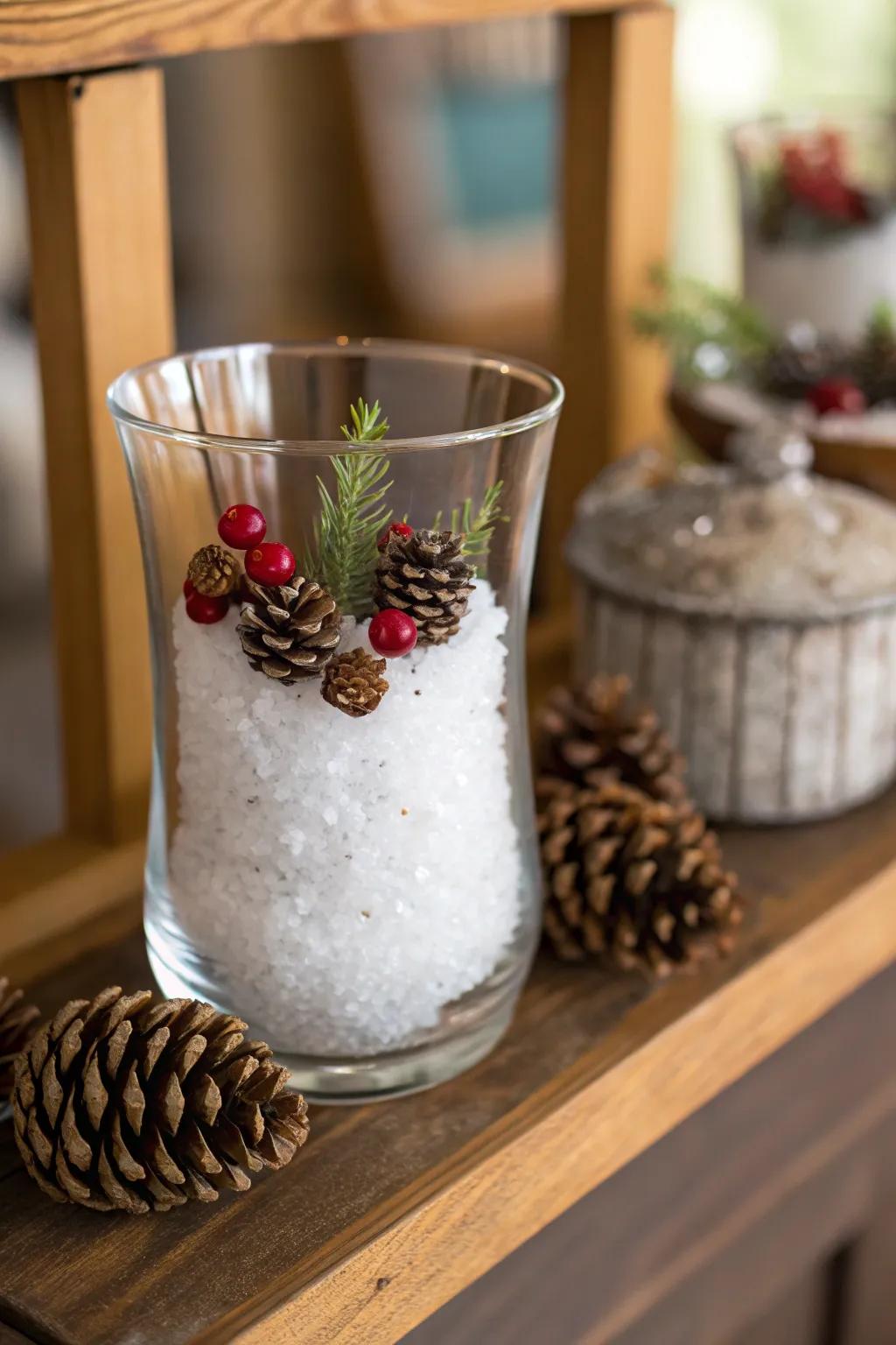 Winter wonder: mineral salt creates a flurry-covered scene inside a vase.