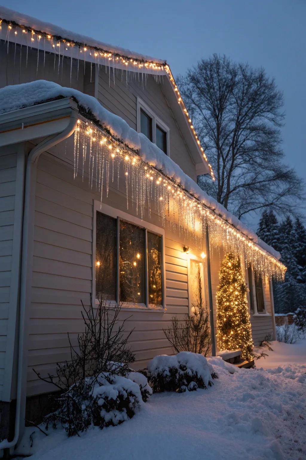A house roofline beautifully outlined with ice-style lights.