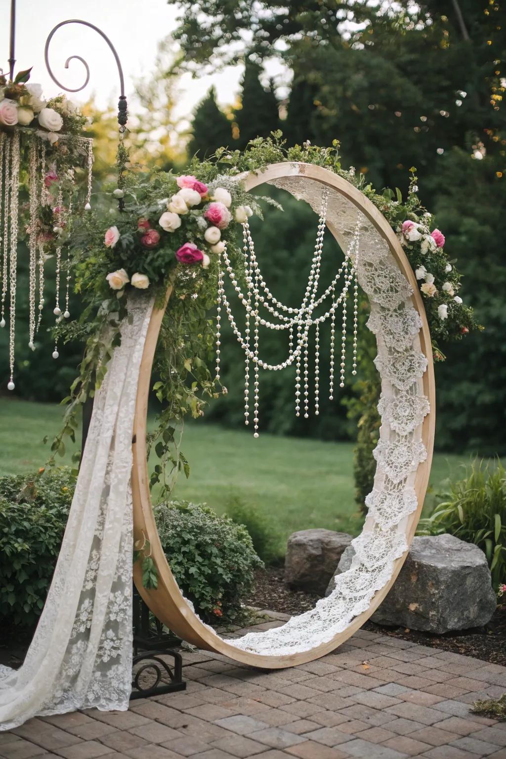 A vintage circle arch featuring elegant lace and pearls.