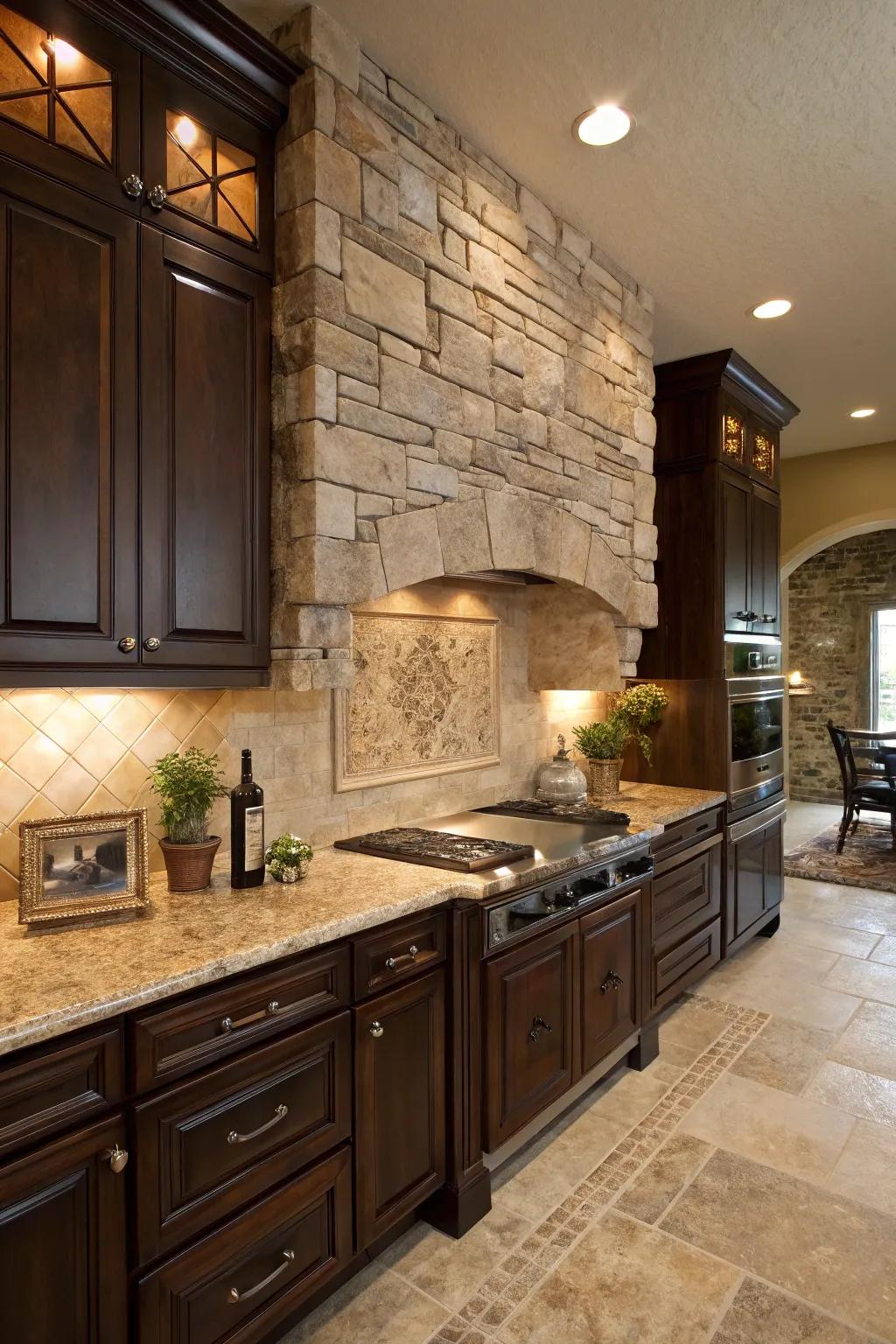 Inherent stone backsplash injects organic elegance into this kitchen.