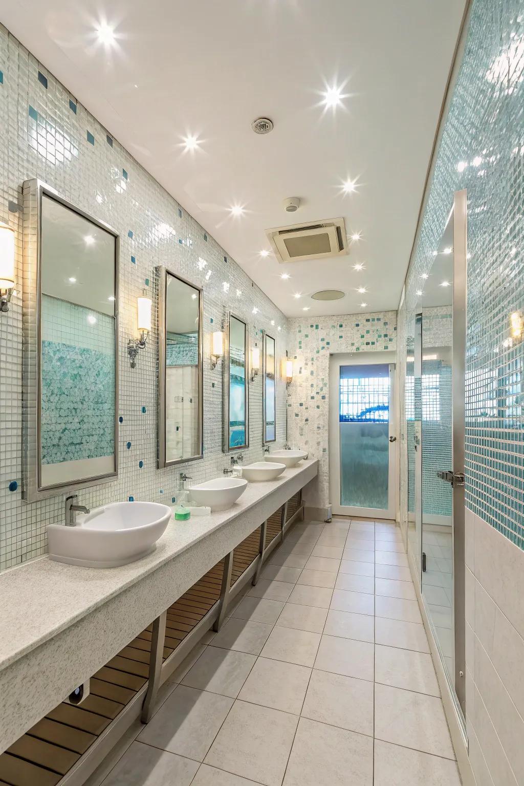 A bathroom showcasing art that bounces light, improving brightness and spaciousness.