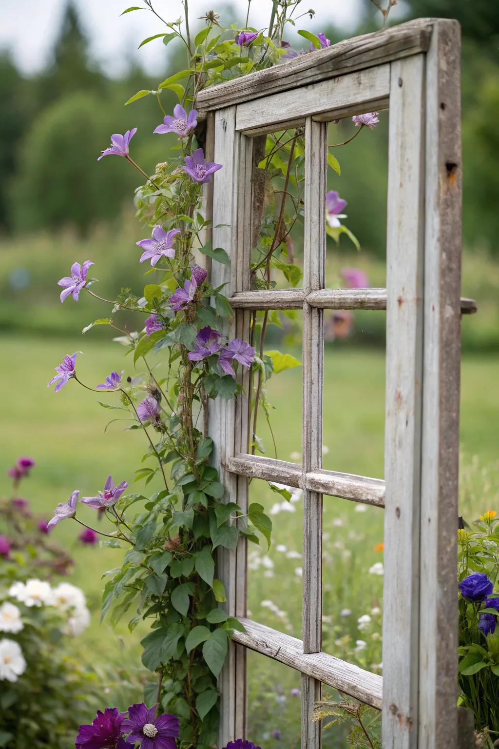 A recycled window frame gives a vintage setting for clematis.