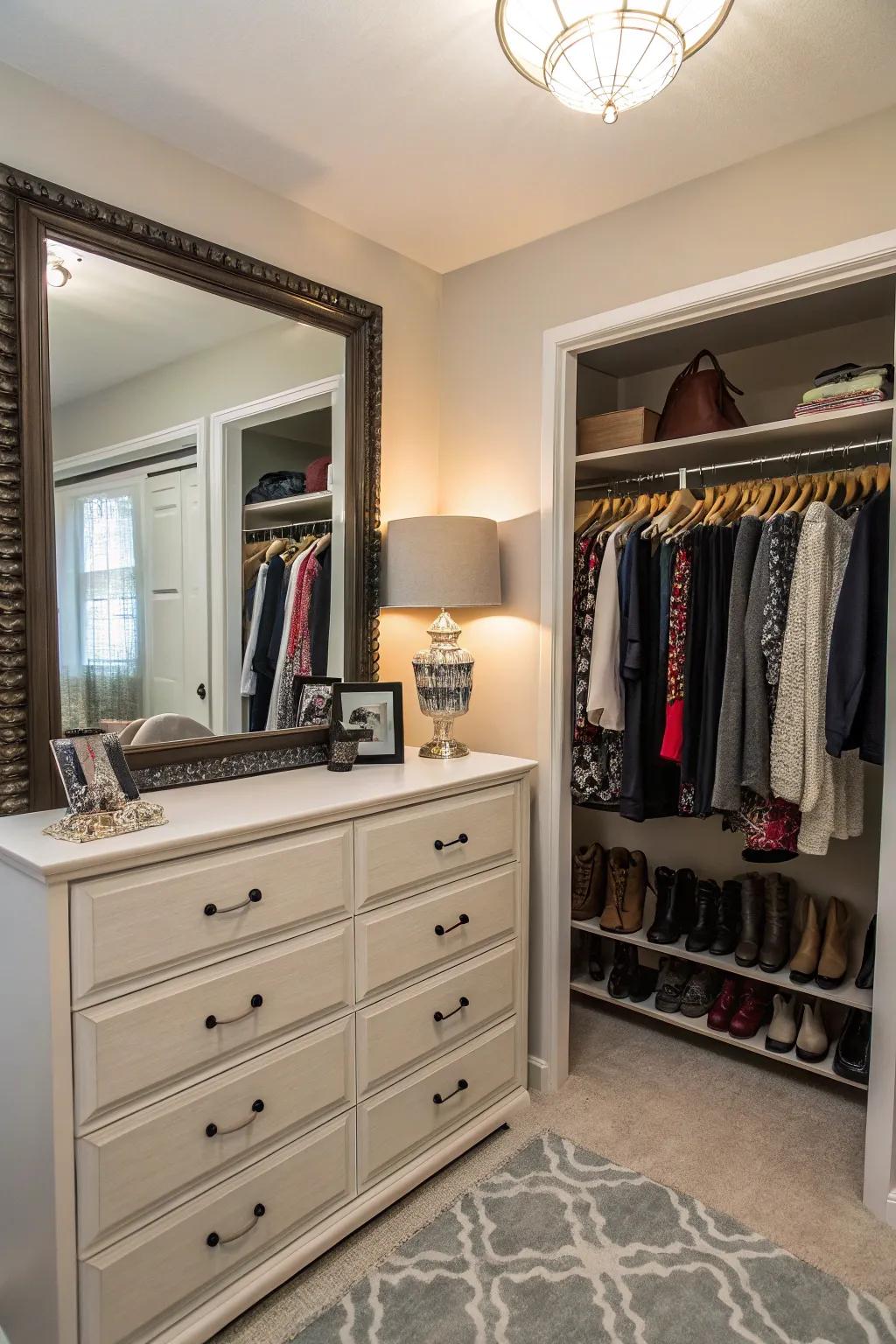 A mirror above the dresser adds function and style.