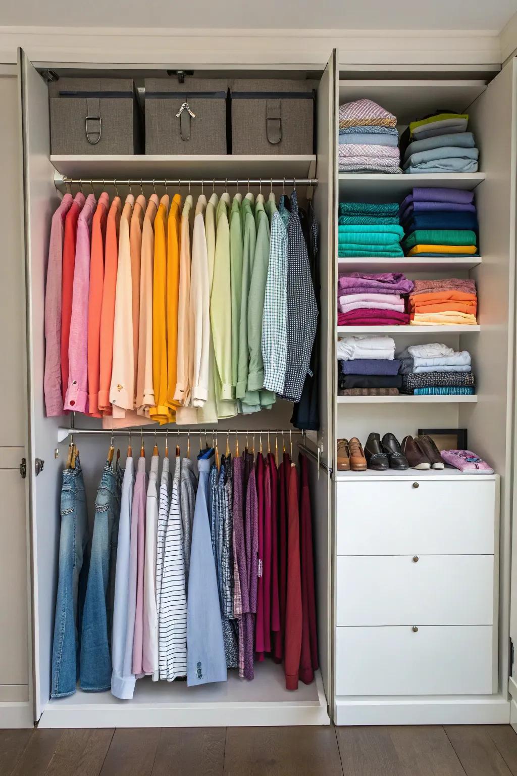Color arrangement brings balance and order to your closet.