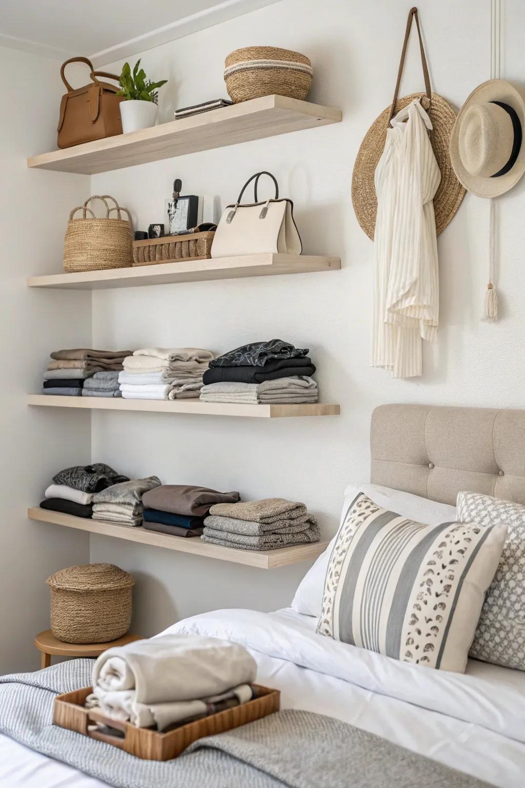 Floating shelves maximize vertical space.