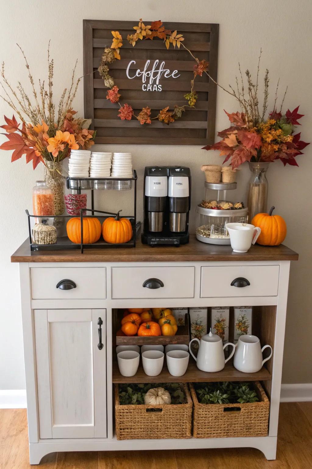 Seasonal decor sustaining the coffee nook's freshness and engagement.