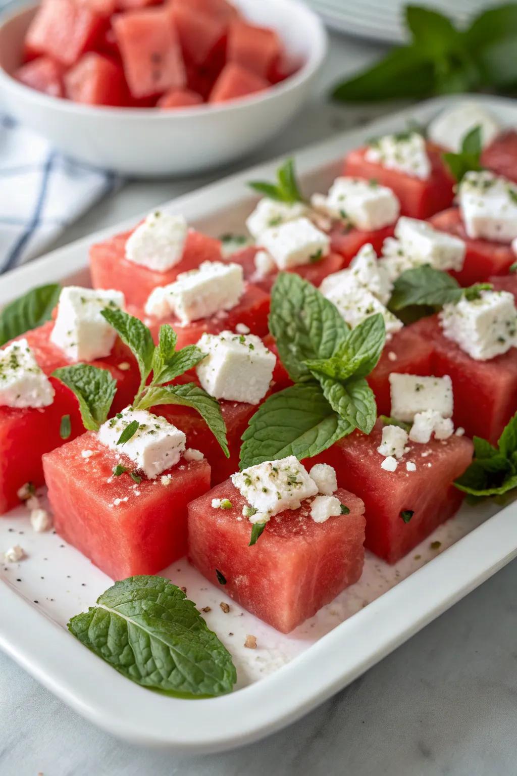 Revitalizing melon white cheese bites perfect for warm get-togethers.