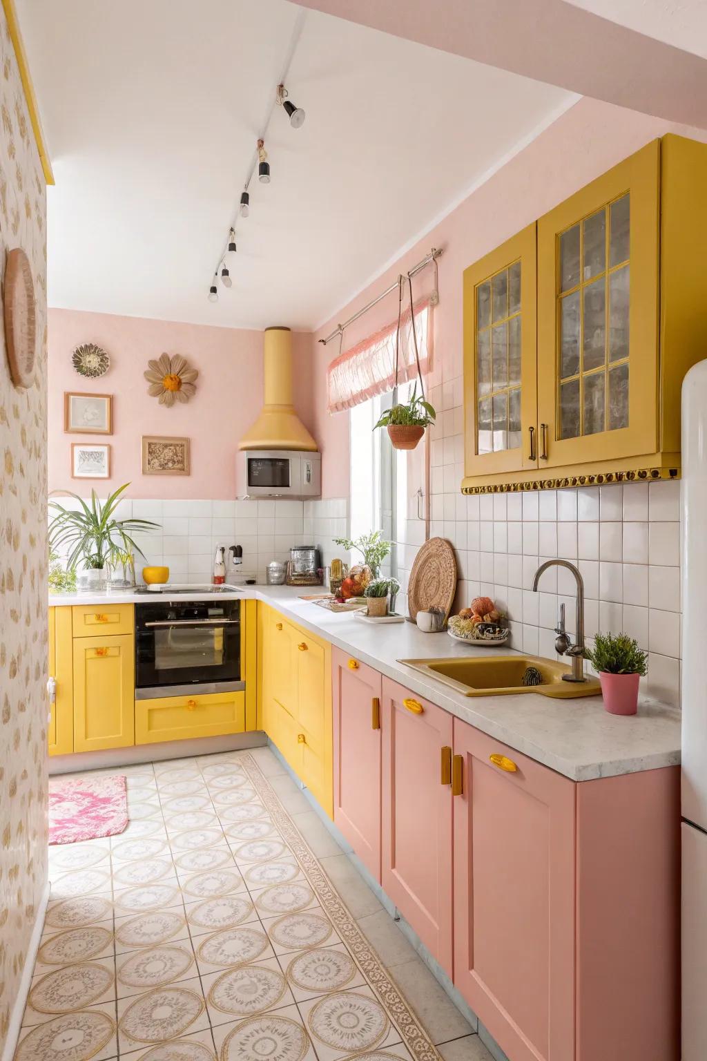 Unforeseen color placements fashion a whimsical cooking space.