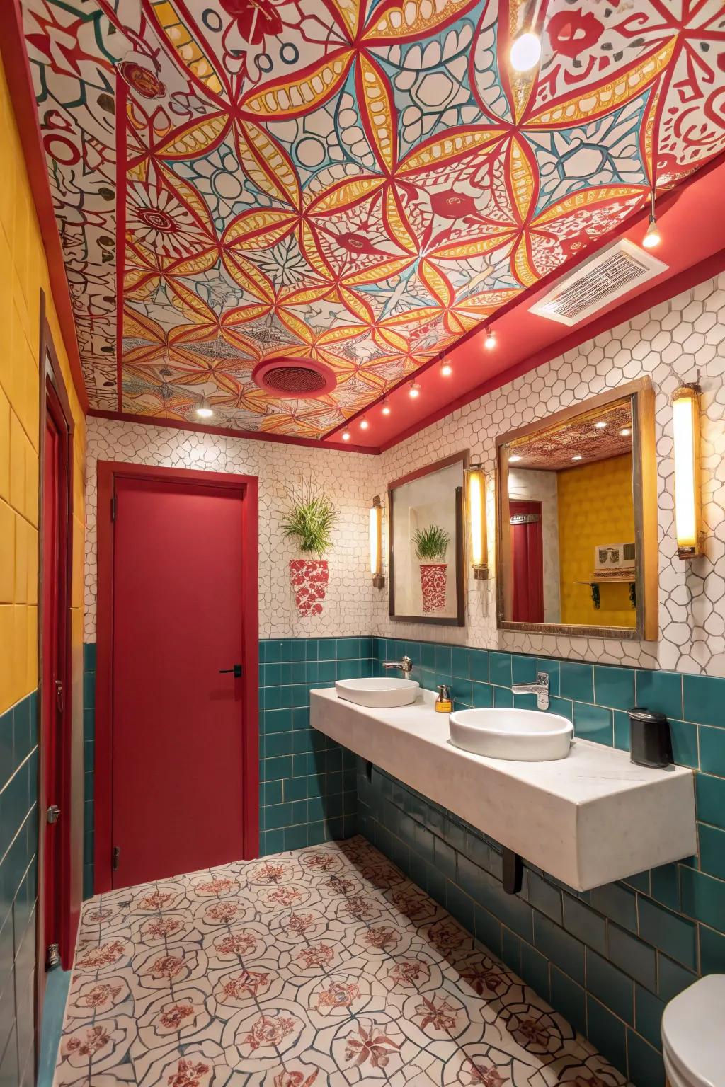 A bold patterned ceiling adds a surprising twist to this guest bathroom.