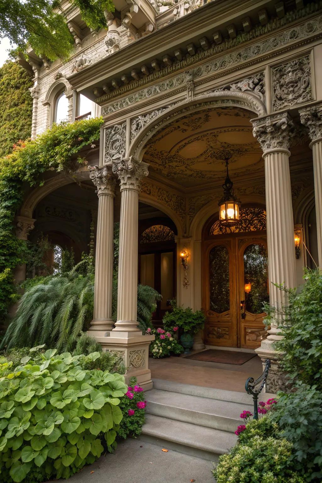 Finely carved vintage columns add grandeur to a home's entrance.
