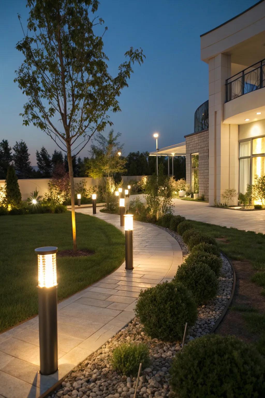 Exterior illumination enhances safety and aesthetics.