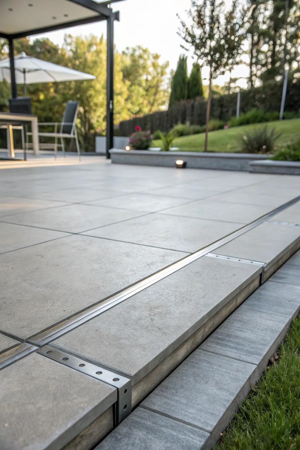Metallic borders furnish a sleek, contemporary edge to patios.