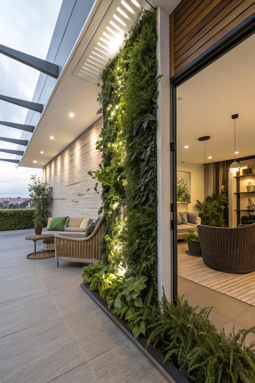 A vertical garden gives greenery and interest to a patio.