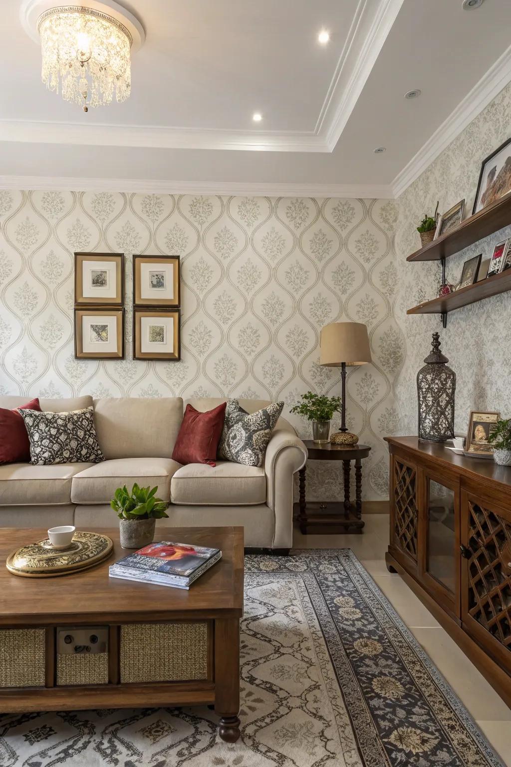 Partial paneling appends dimension and intimacy to this commodious living room.