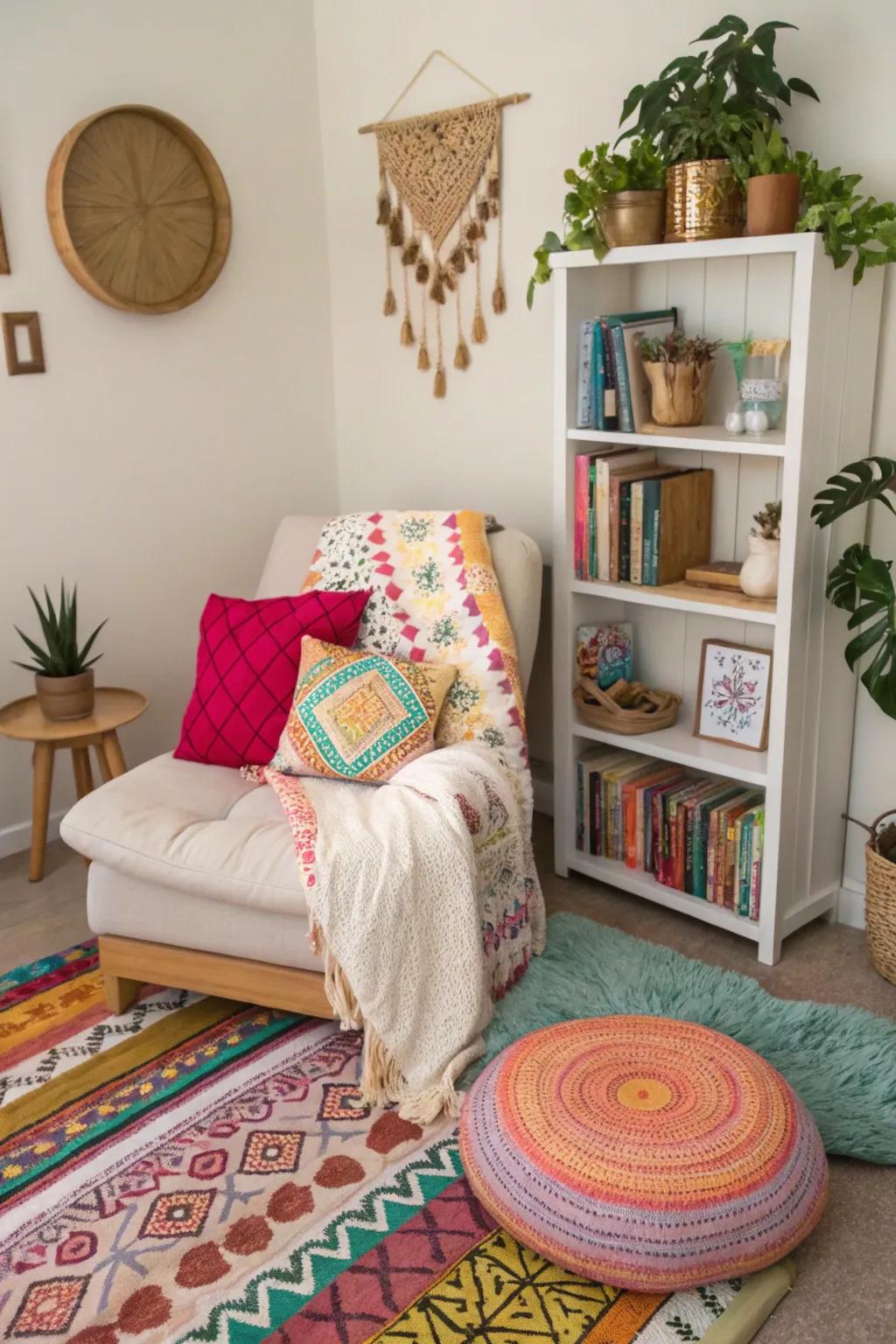 A boho reading space encourages relaxation and personal expression.