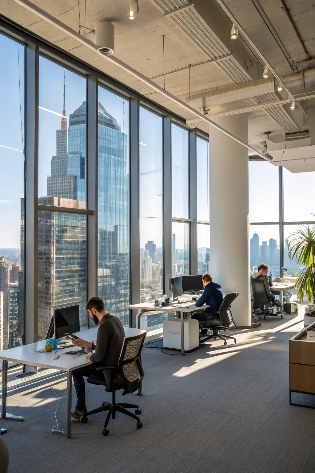 Office space filled with natural light from large windows.