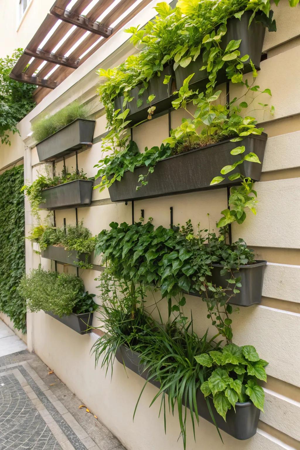 Wall-affixed planters maximize greenery without using floor space.