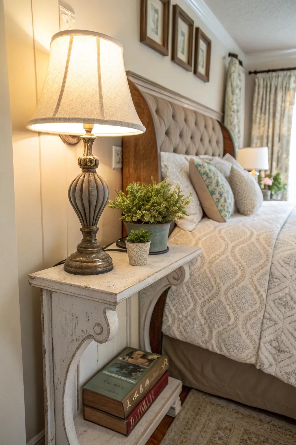 Ornamental shelf brackets can creatively replace traditional nightstands.