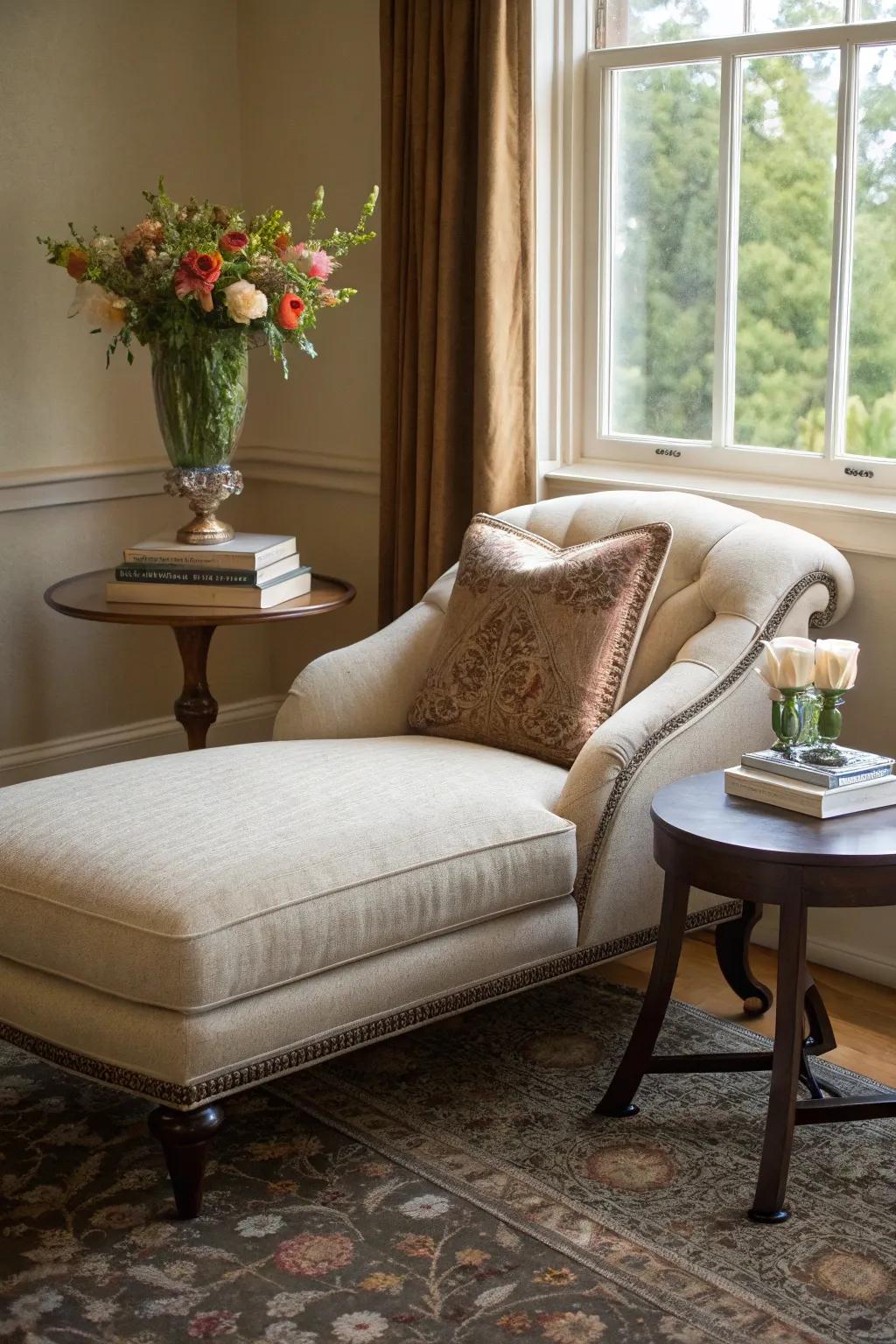 A chaise lounge offers a sophisticated and comfortable seating option for the corner.