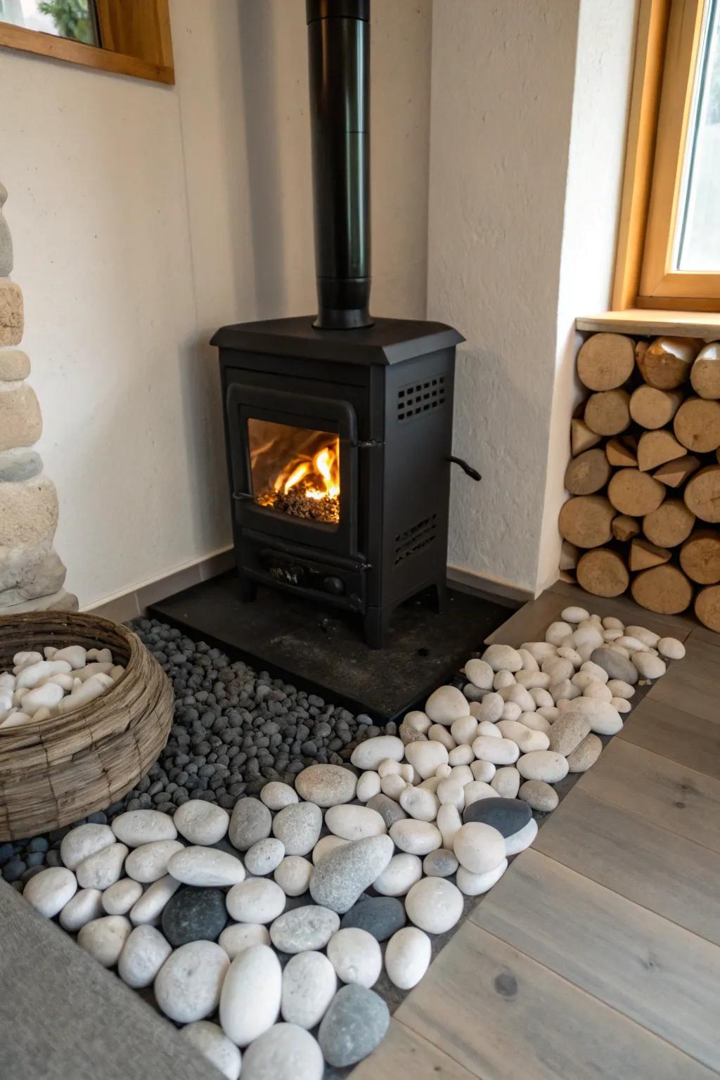 Eco-friendly pebbles add a zen-like touch to your fireplace area.