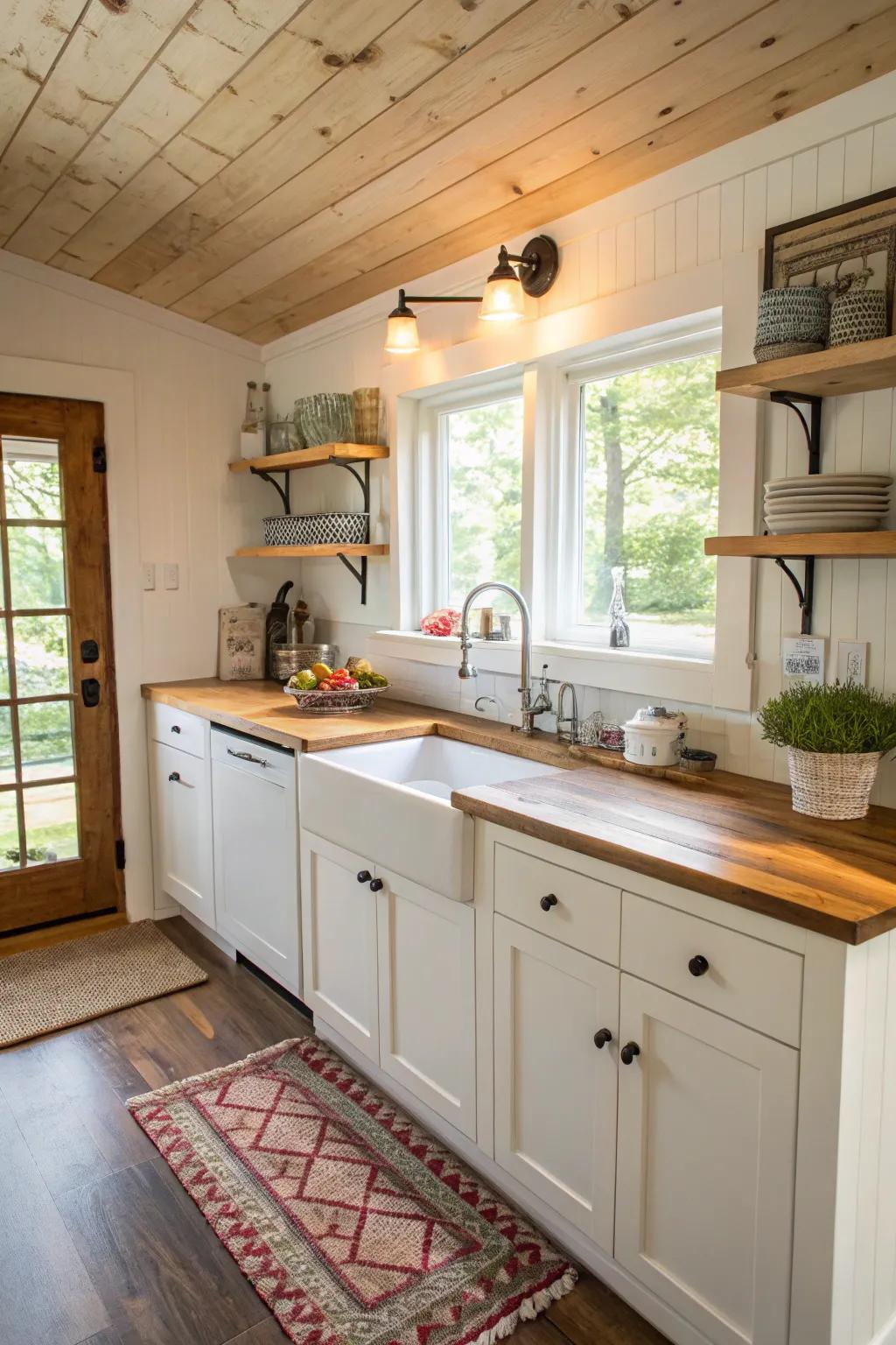 Warm thick wood countertops enhance the white cabinets.