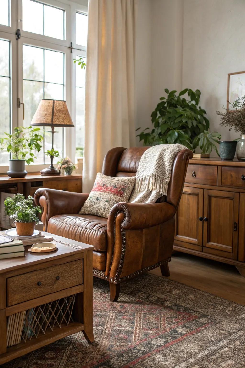A vintage leather armchair injects sophistication into the living room.