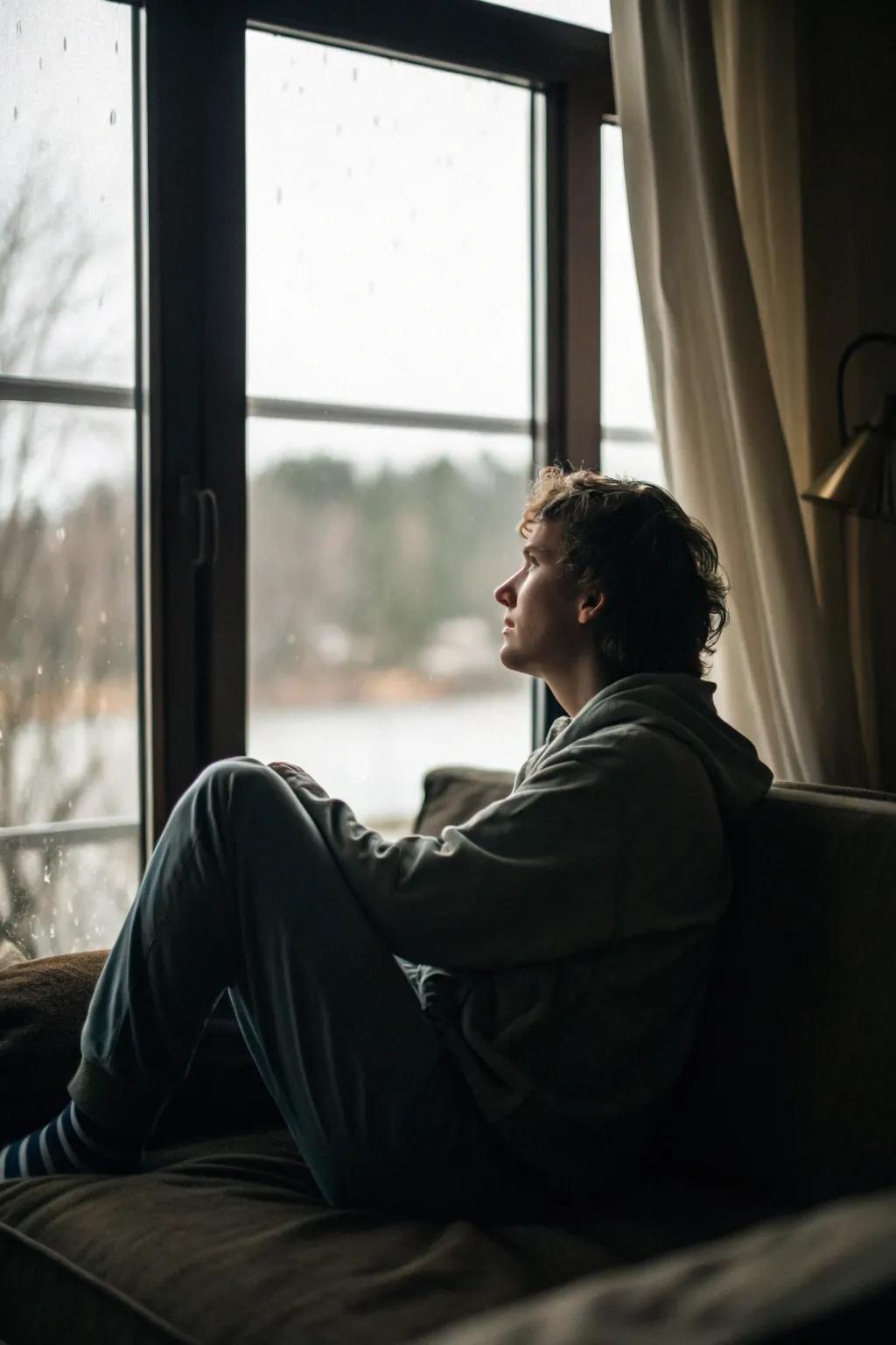 Window gaze creates a peaceful connection with the outside.