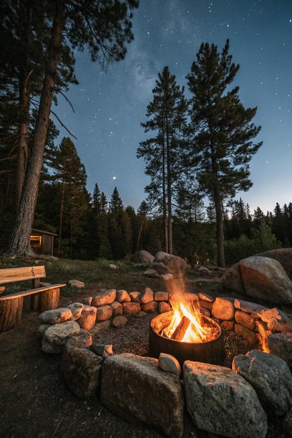 Natural stone and wood seat offers a countryside and cozy gathering spot.