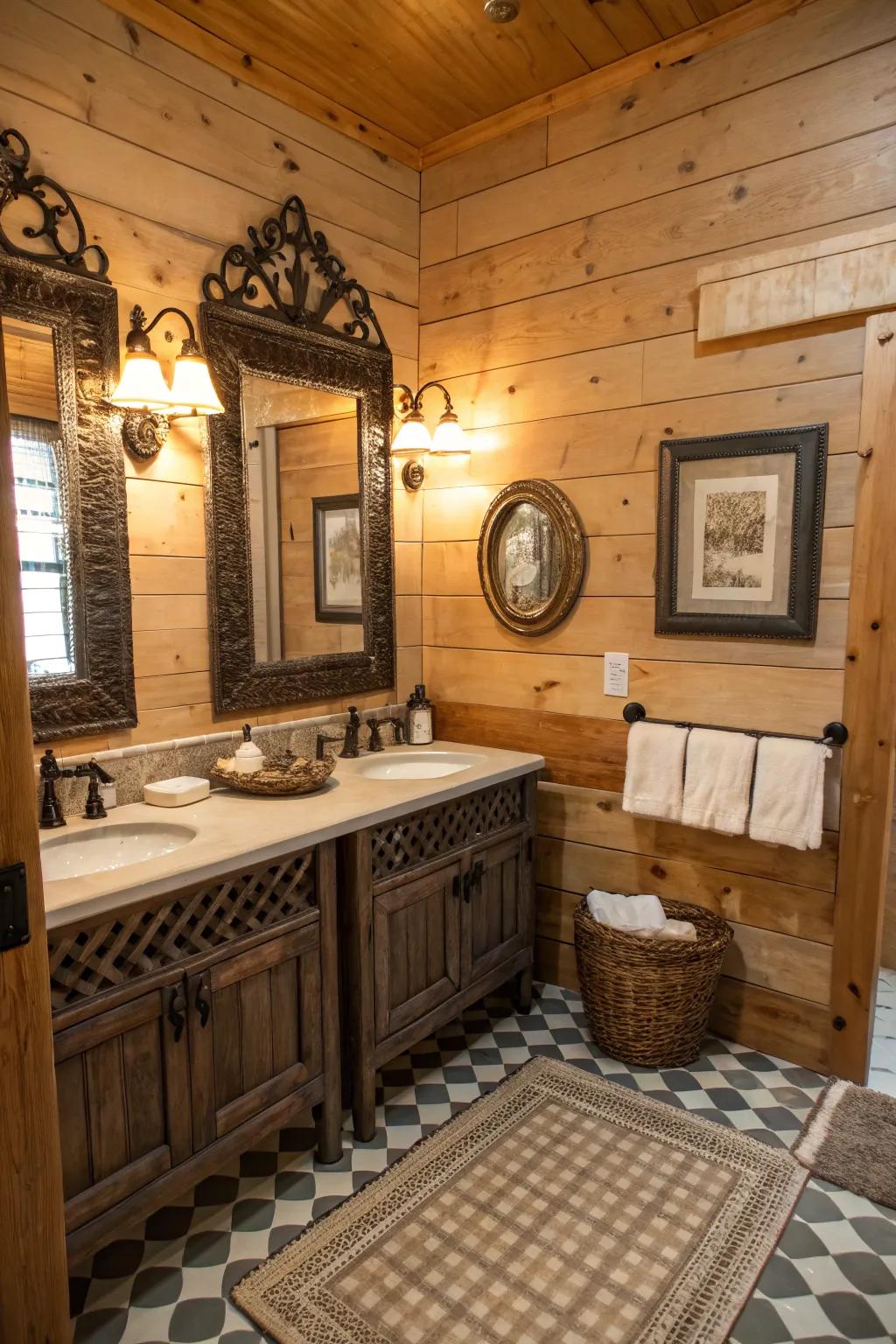 This country bathroom has more depth and elegance thanks to the vintage reflectors.