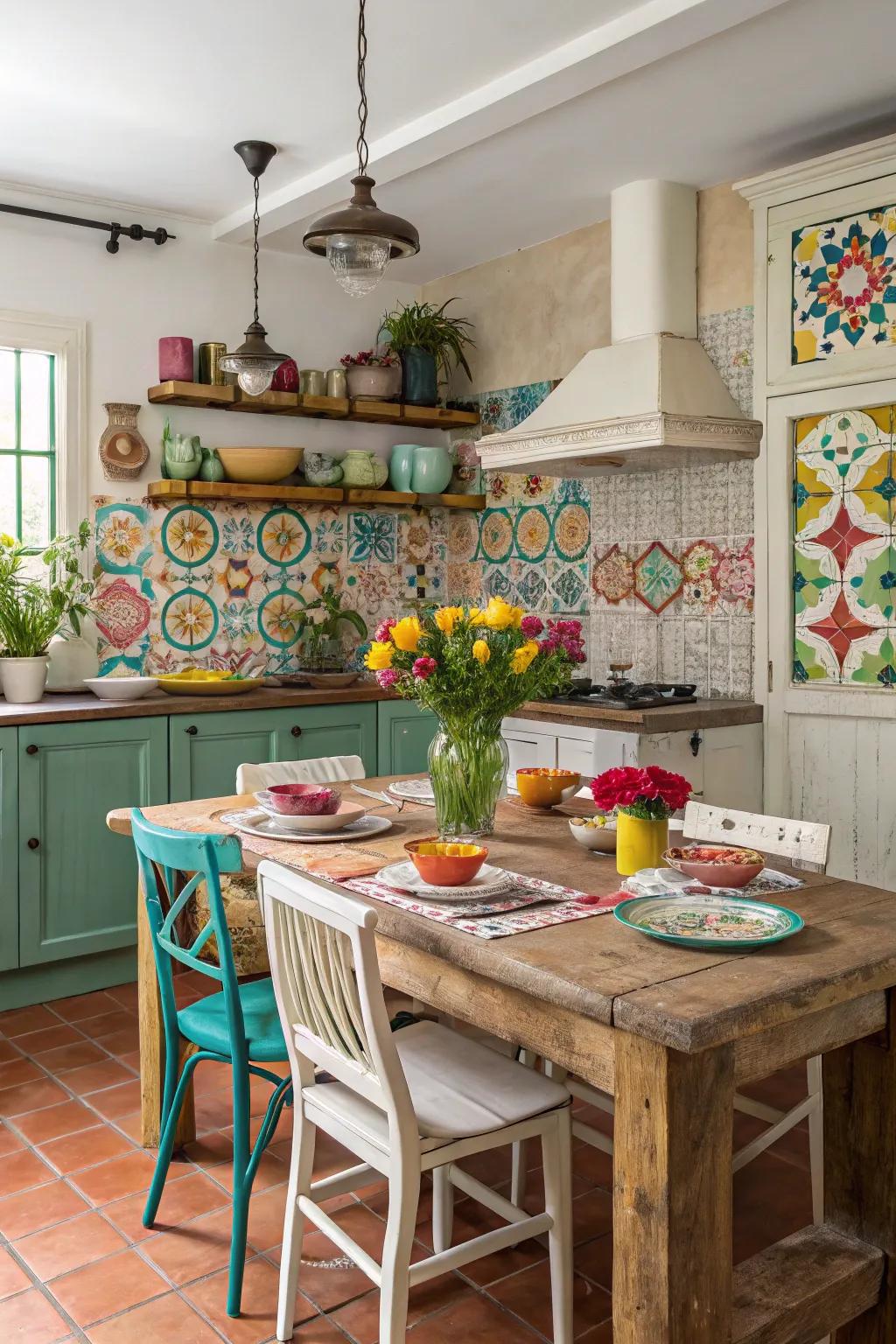 Unexpected color bursts add energy and vibrancy to the kitchen.