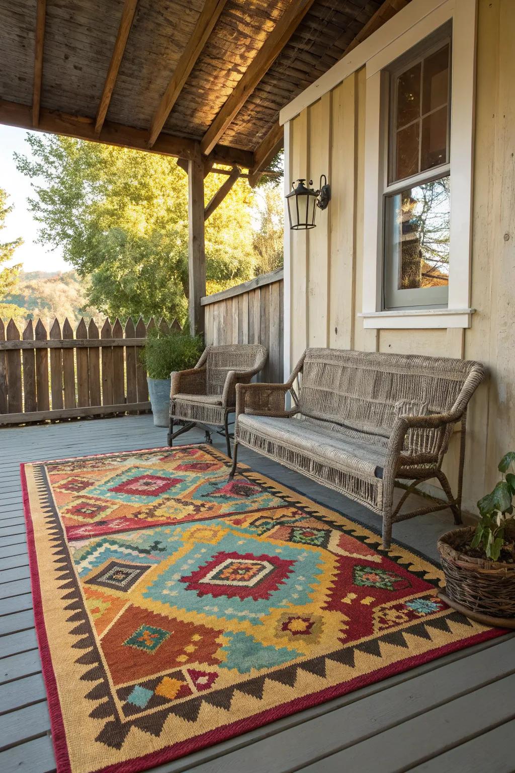 An exterior carpet introduces pattern and warmth to your porch.