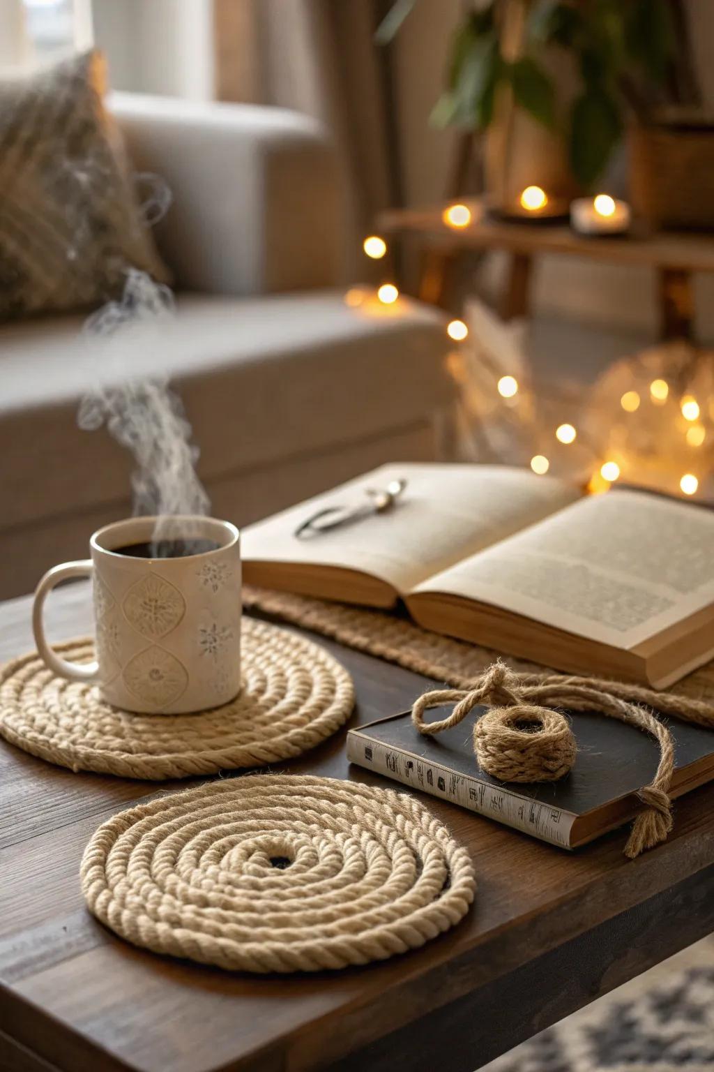String coasters introduce a touch of countryside refinement.