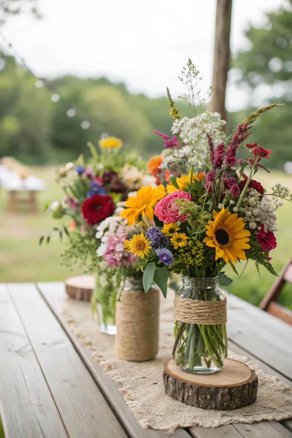 Charming handcrafted wedding blossom arrangements showcasing wildflowers.