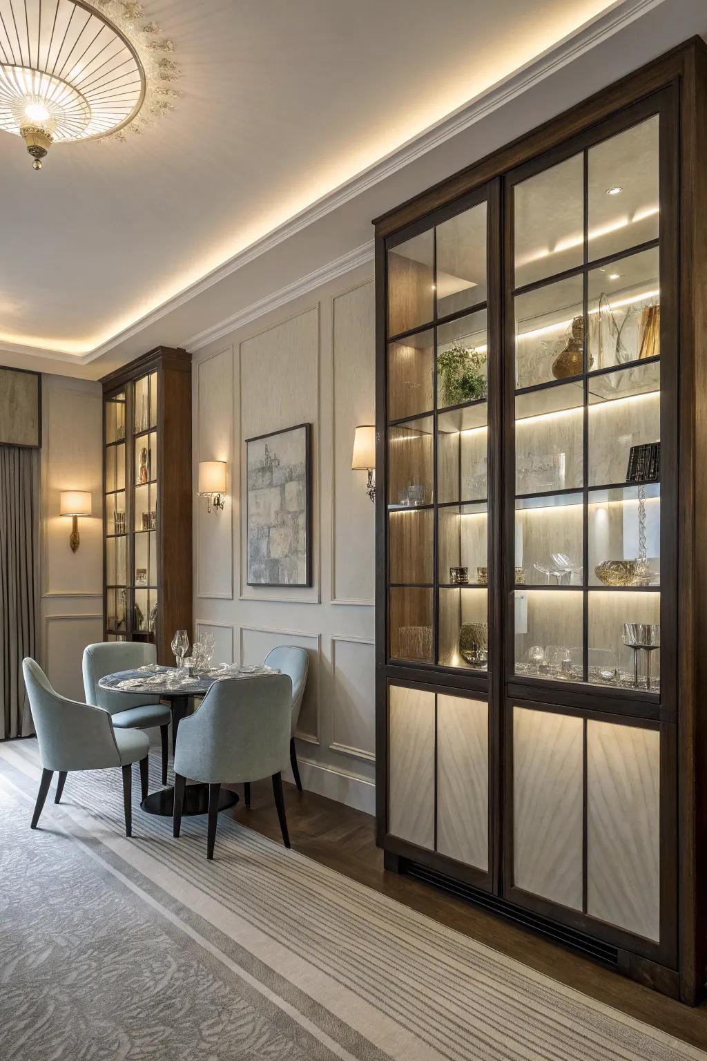Frosted glass panels establishing a sophisticated and mysterious visage.