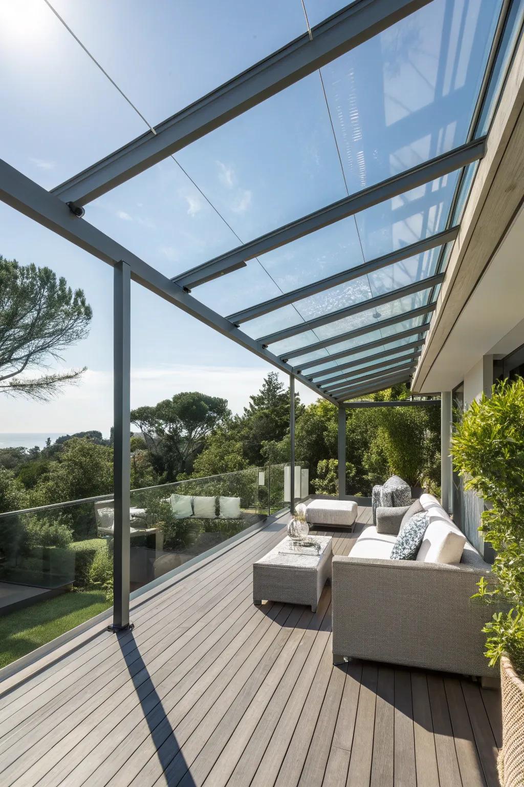 A refined glass overhead covering-covered deck for modern living.