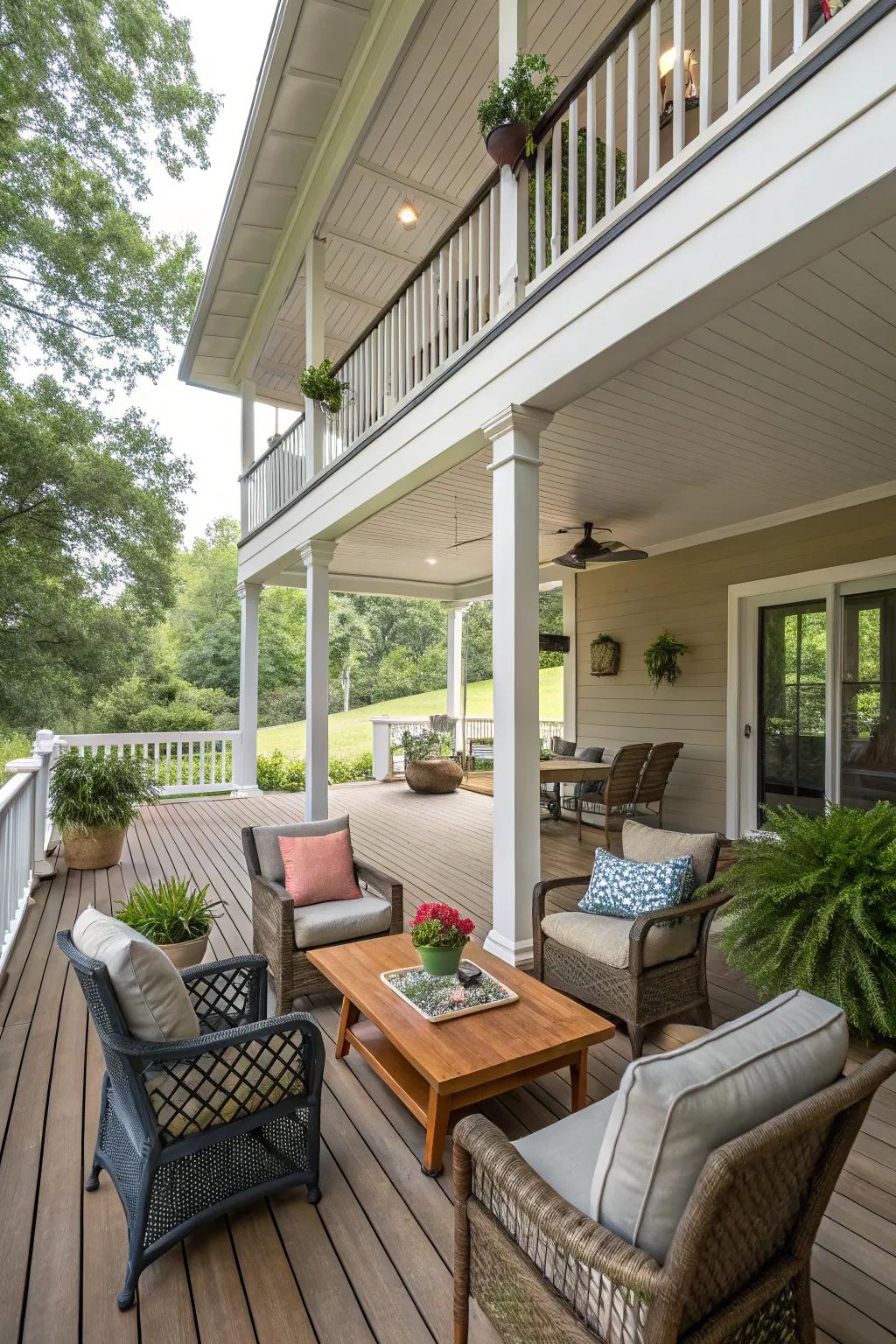 Split-level decking creates specific zones while preserving flow.