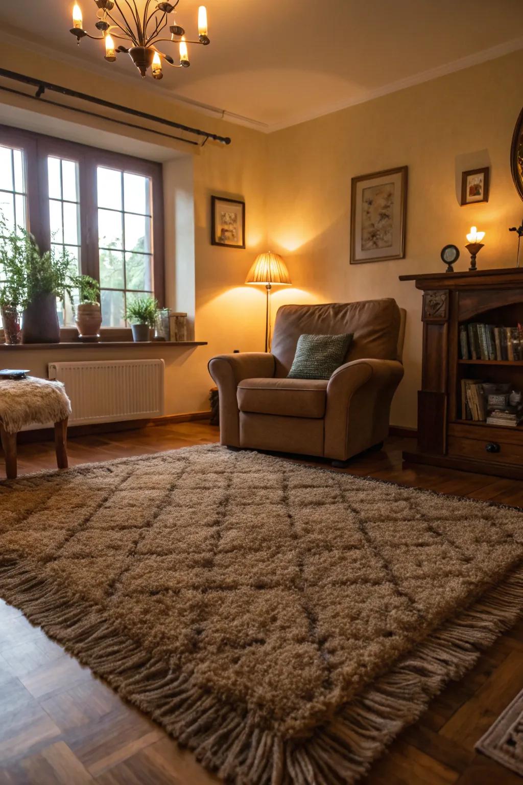A delicate rug provides warmth and a tactile delight for your feet.