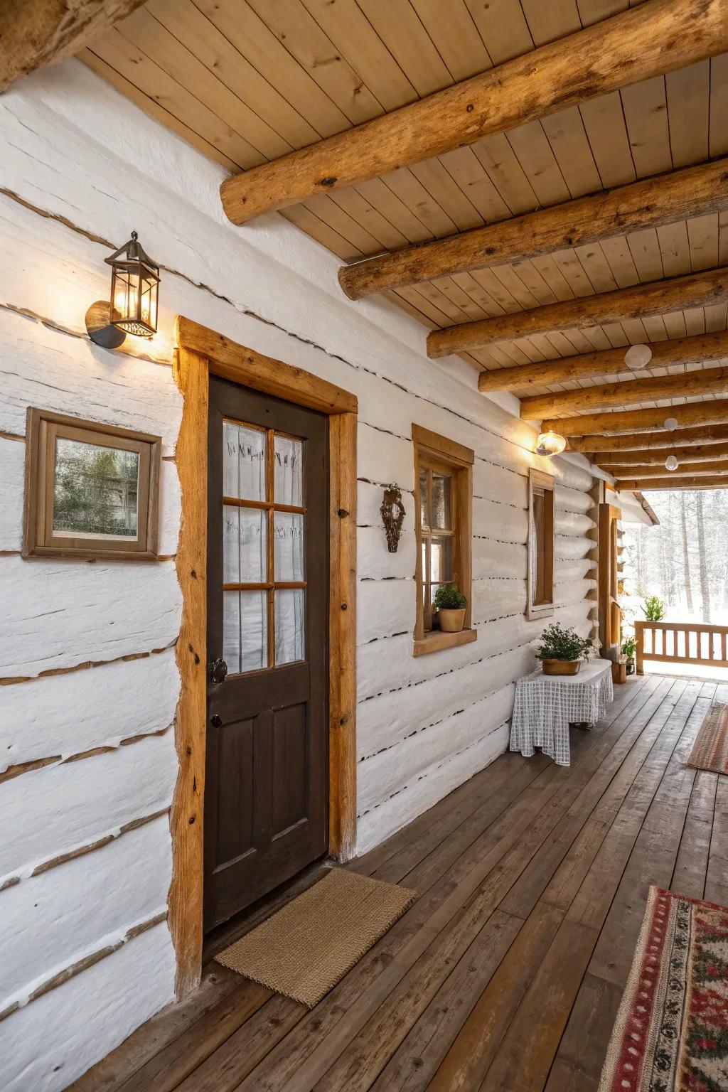 Brightened walls offer a modern twist to a traditional log cabin.
