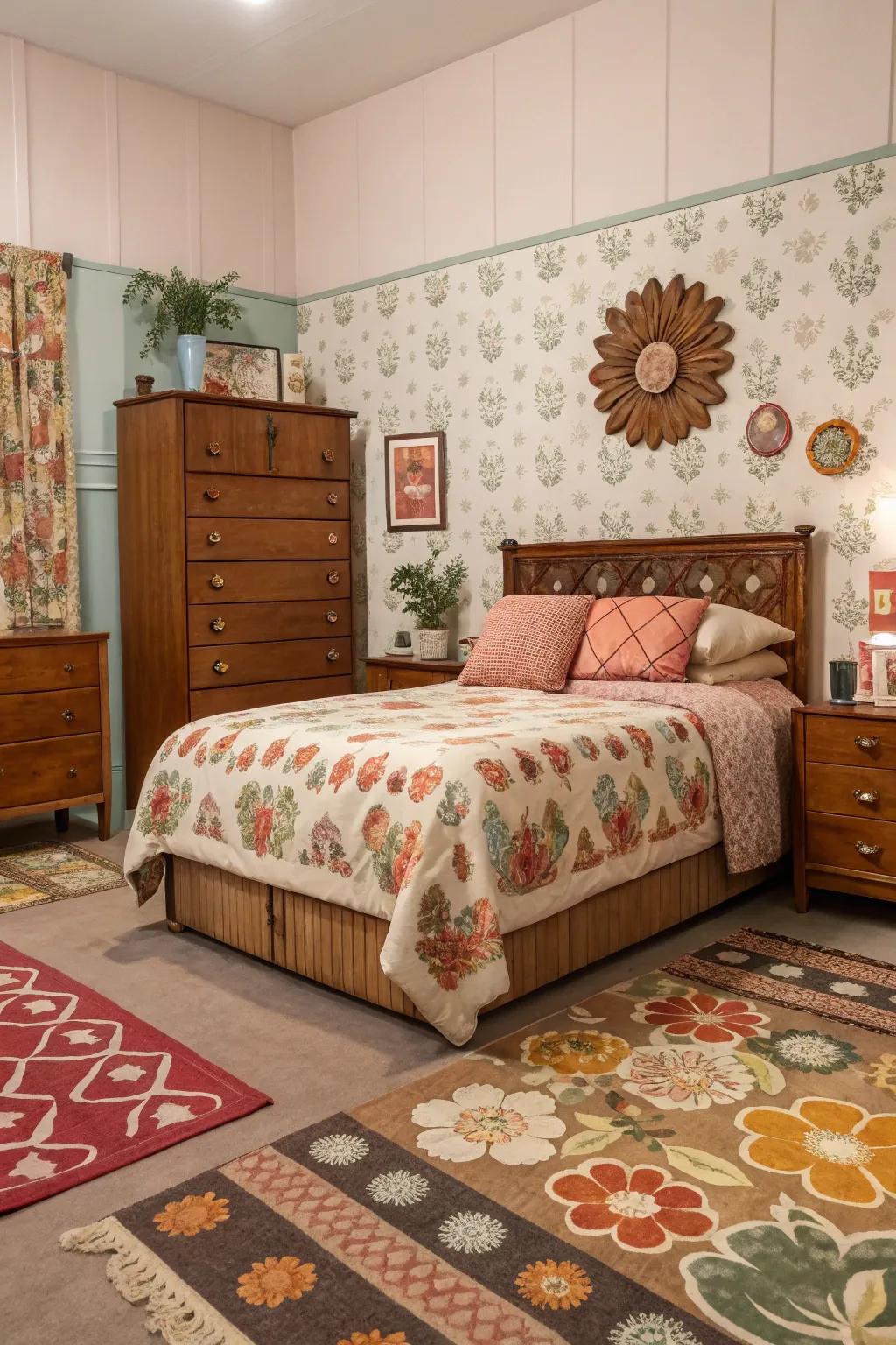A retro-inspired bedroom featuring vintage elements and bold patterns.