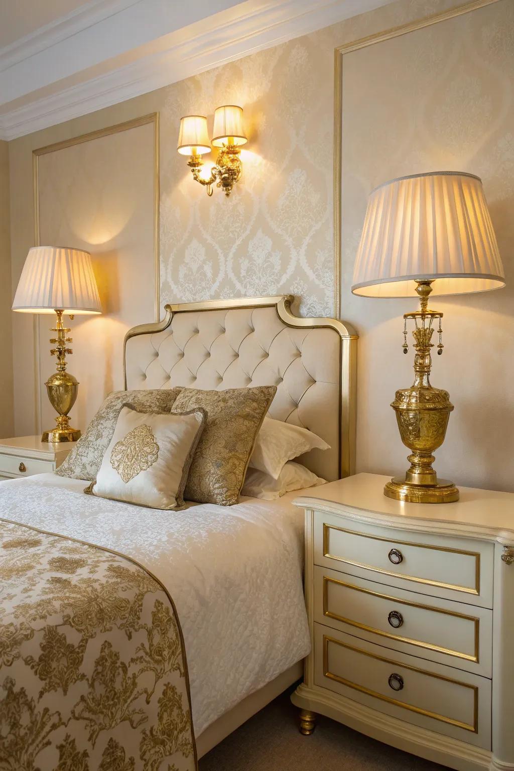 Golden lighting elements enrich the room's splendor and warmth.