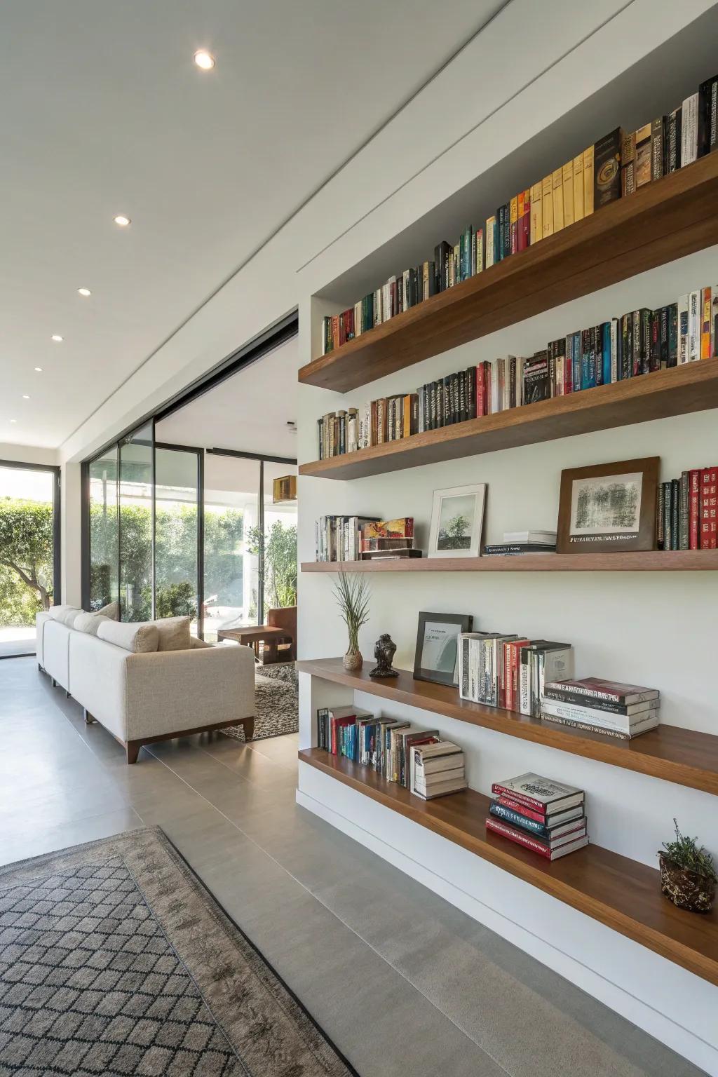 Floating bookshelves exude a modern and intriguing charm.