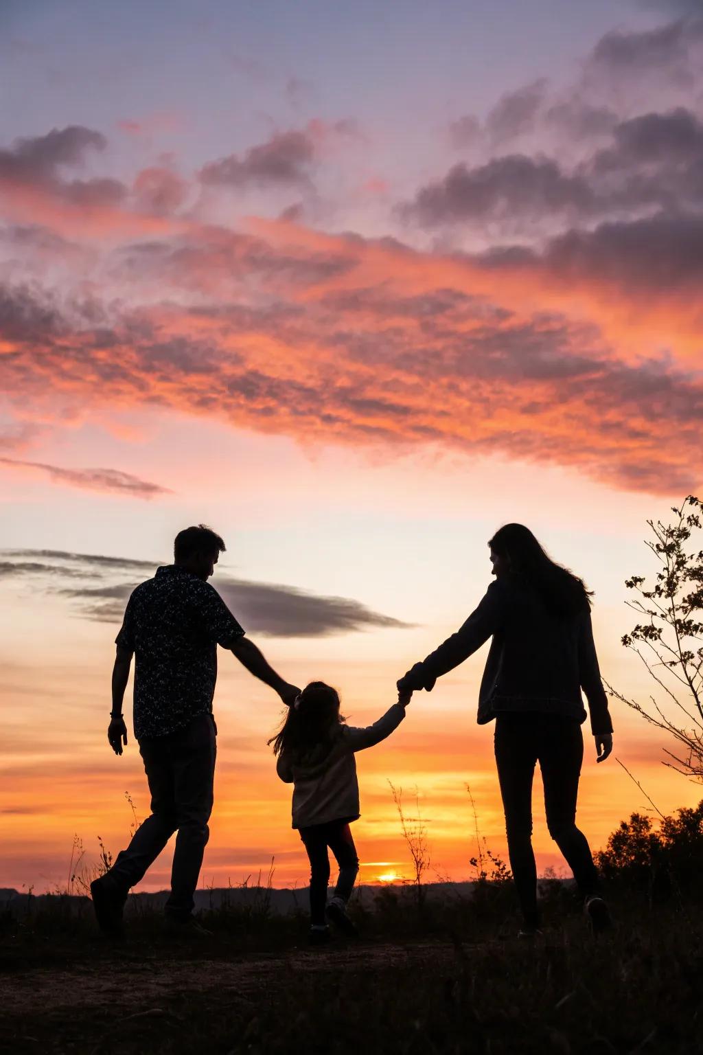 Silhouettes offer a dramatic and artistic portrayal of family photography.