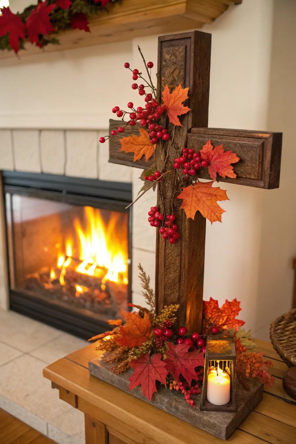 Seasonally embellished cross with autumnal fronds
