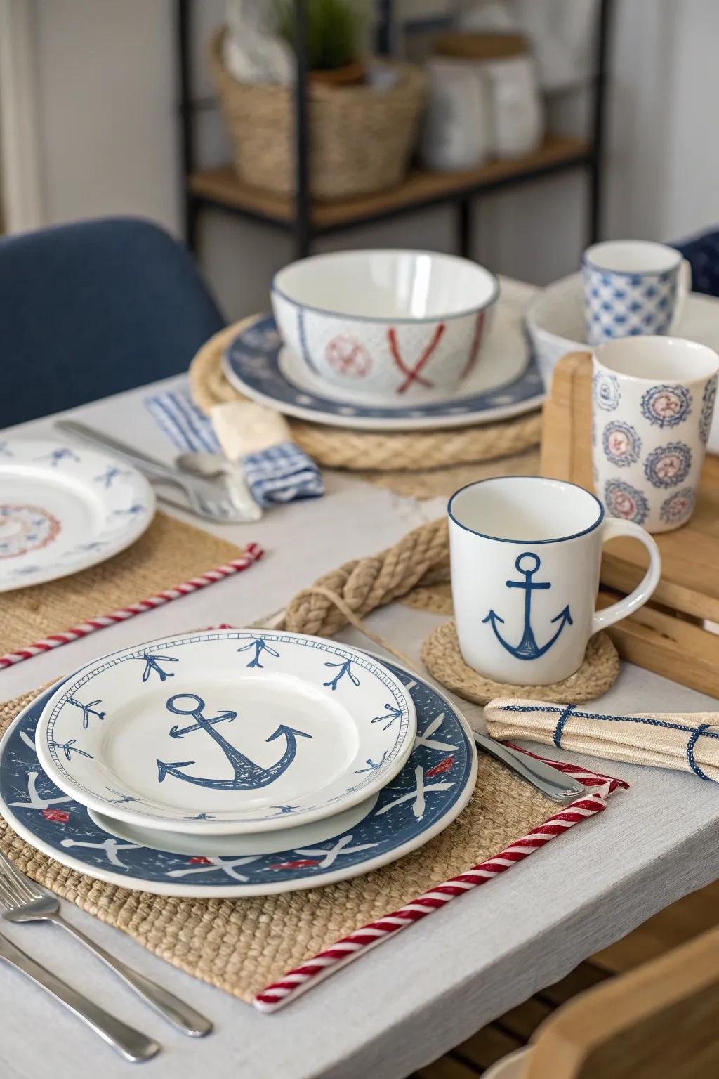 Nautical tableware unites the theme seamlessly.