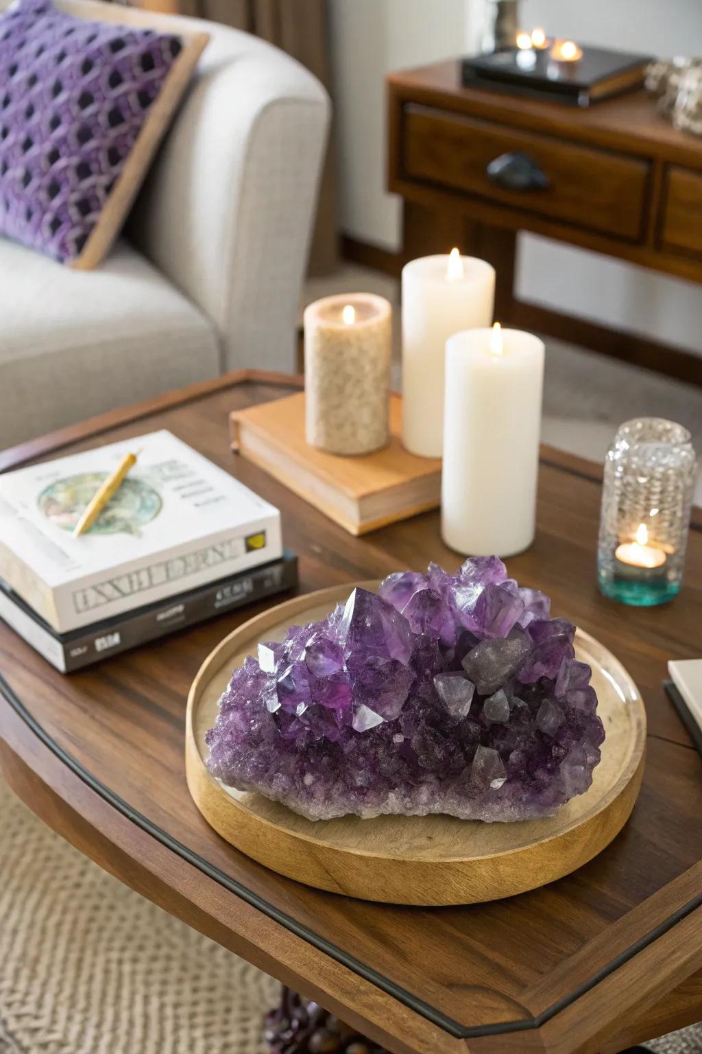 A coffee surface showcasing a stunning amethyst centerpiece.