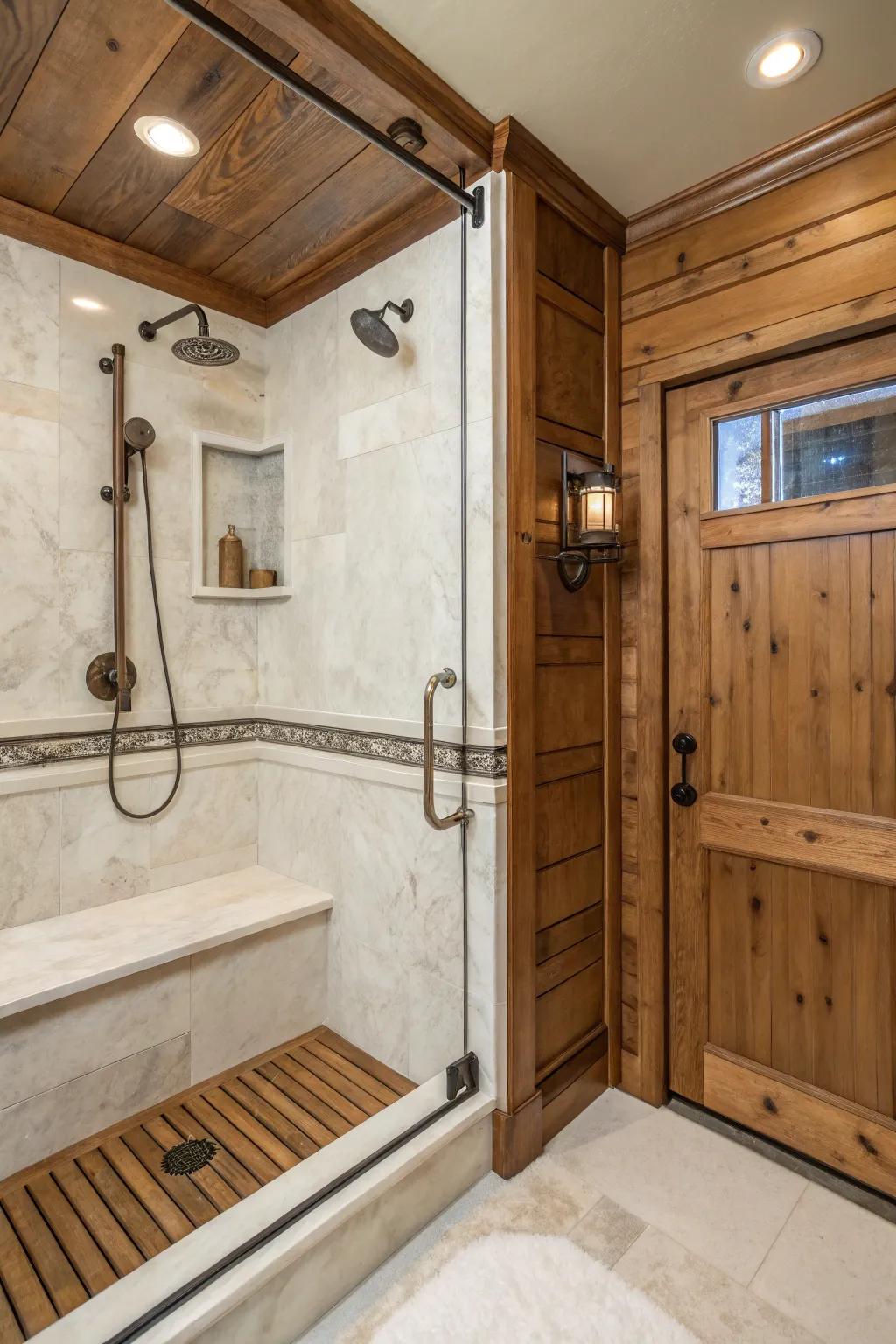 Matching materials enhance the charm of mineral composite showers.