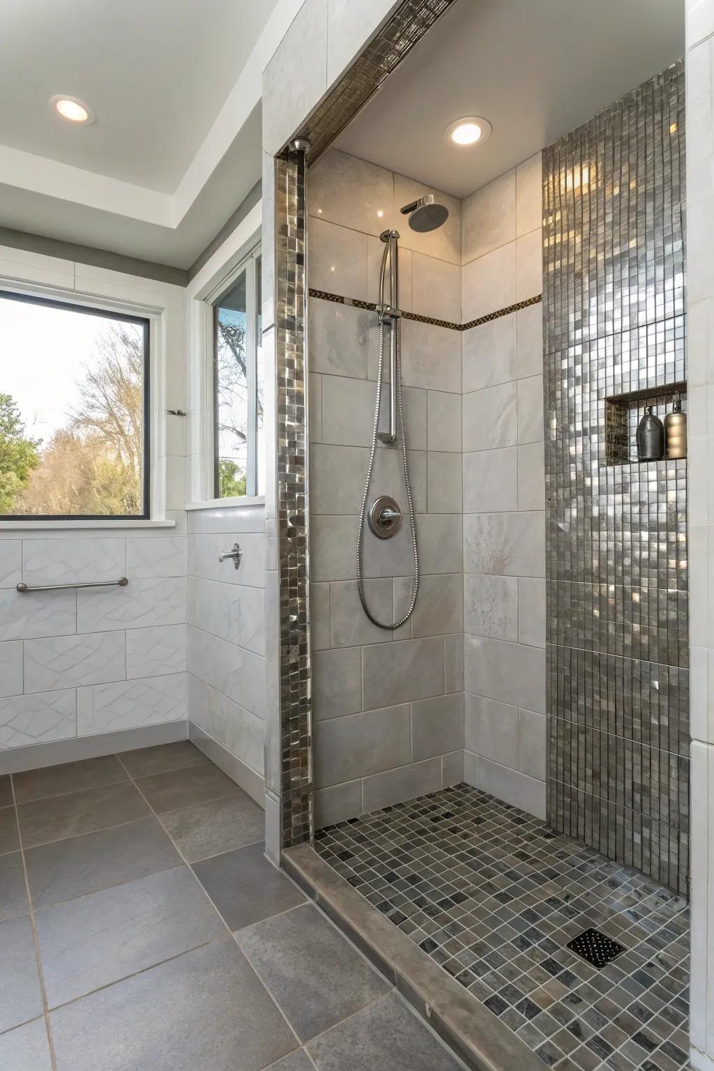 Metallic details bring an understated glamour to this open shower.