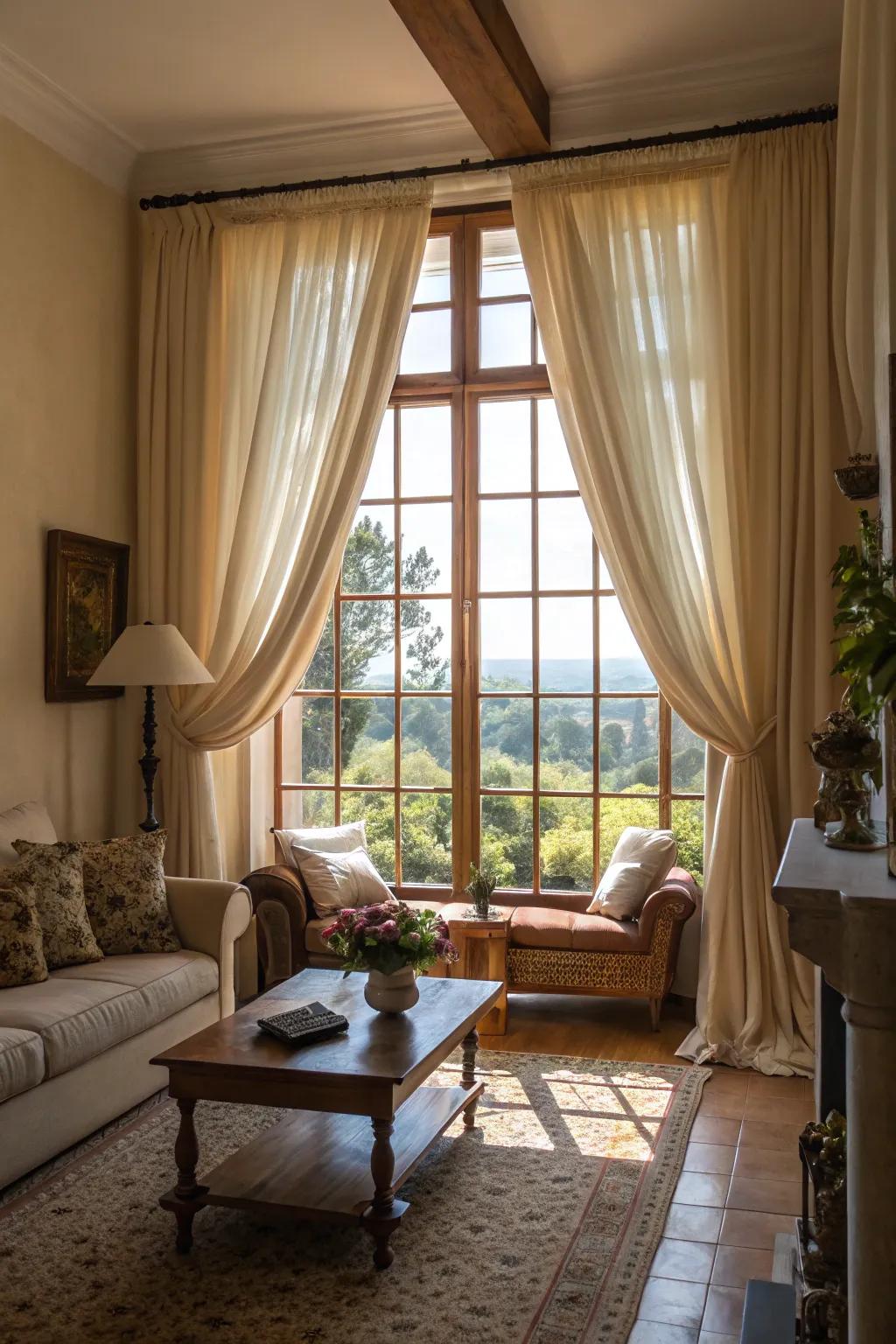 Curtains that outline windows accentuate structural beauty.