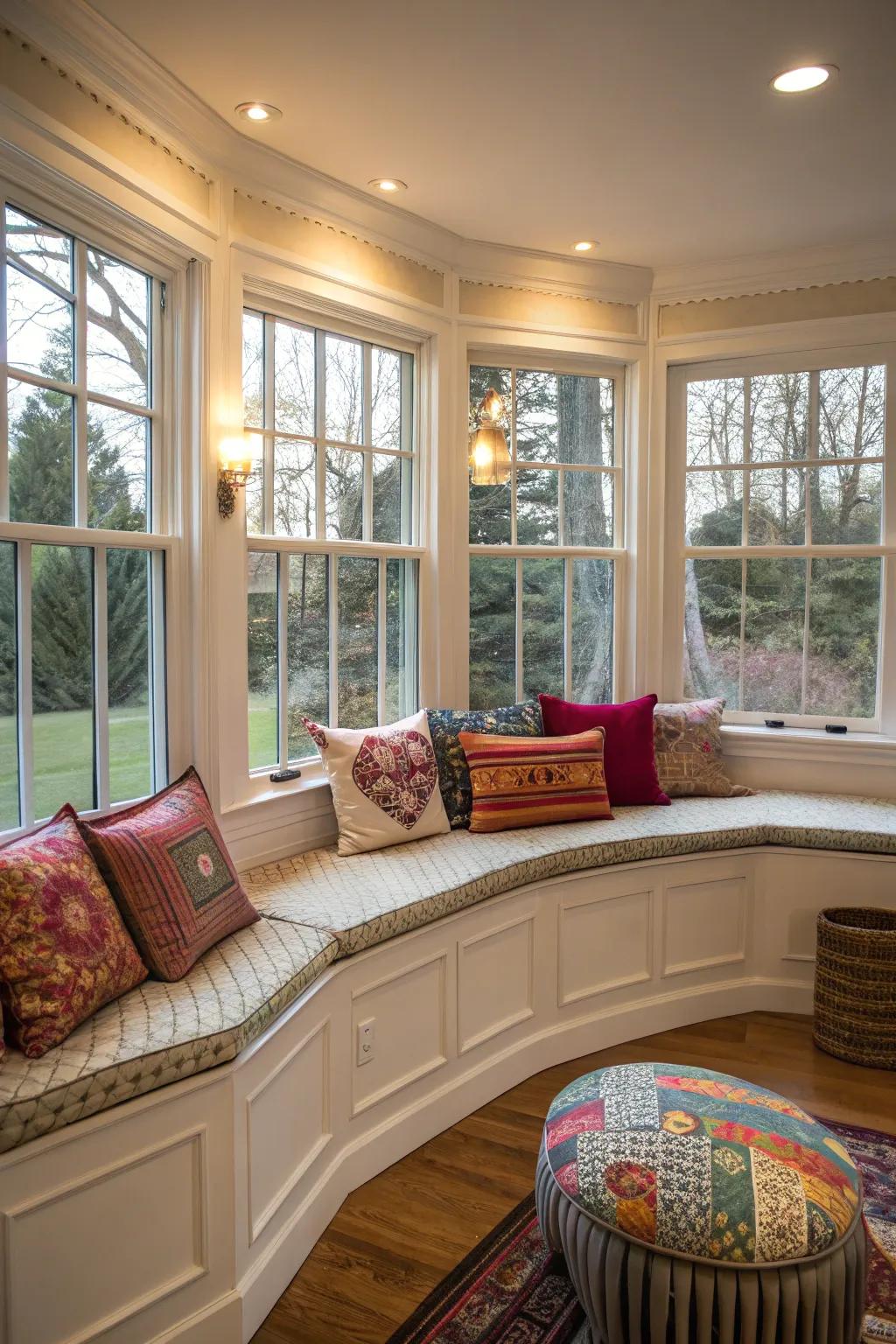 Bright and vibrant cushions bringing a curved bay window to life.