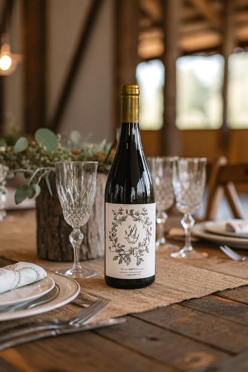 A bottle of alcohol featuring a personalized sticker for events.